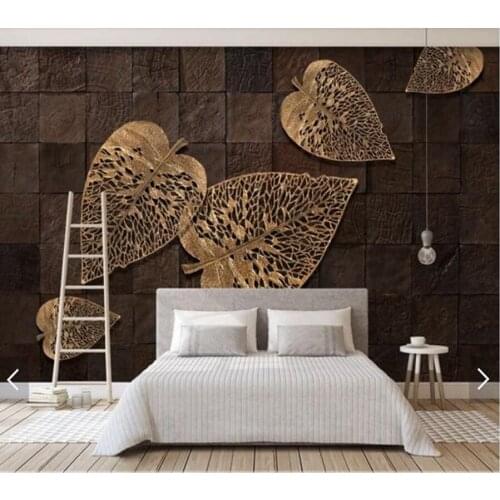Custom 3d papel de parede, vintage wood grain golden leaves murals for living room bedroom dining room background home decor wal