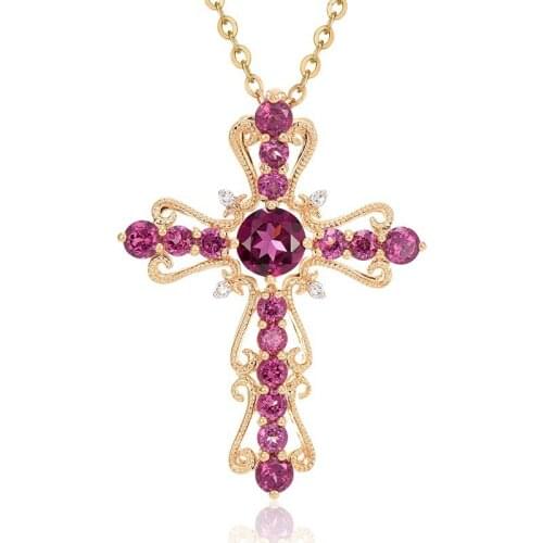 Natural Colored Garnet Gemstone Cross Pendant Necklace For Women Fashion Design Rose Gold Color AAA Zircon Pendant Fine Jewelry