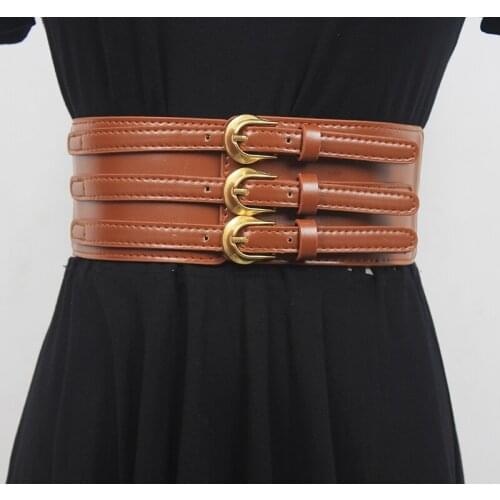 European Coat Blouse Waistband for Women Three Layers Buckles Wide Elastic Waist Belt Elegant Femme Cinturon Pu Leather Belt