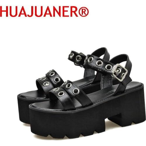 Black Punk Rivet Platform Sandals Women Buckle Strap High Heel Sandals Women Chunky Heel Summer Goth Shoes Women