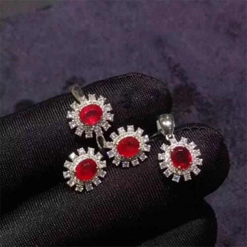 Natural and Real Ruby Jewelry Set Natural Real Ruby 925 Sterling Silver 1pc Pendant,2pcs Earring,1pc Ring