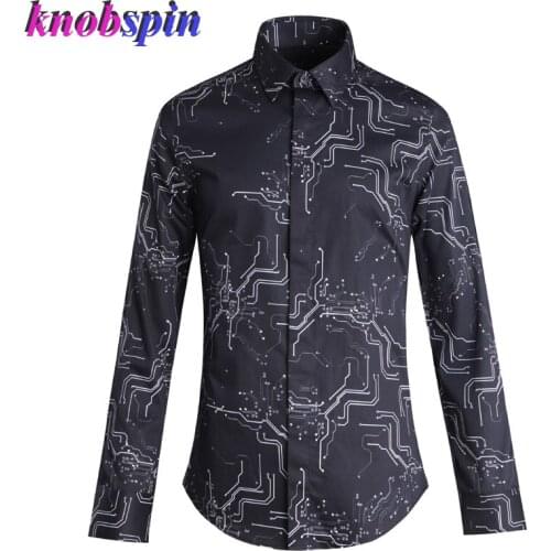 Electronic Pattern Printed Mens Slim Shirt long sleeve Chemise homme Brand quality Pure Cotton Shirts men Plus size M-4XL Camisa