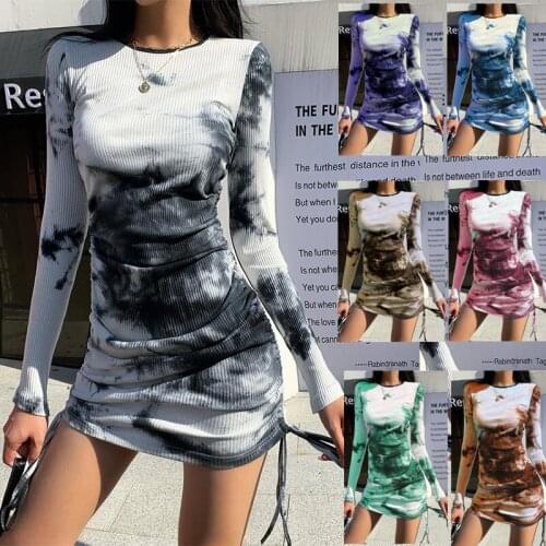 Streetwear Tie Dye Pleated Drawstring Dress Round Neck Slim Dress Long Sleeve Casual Female Dress Bandage Slim Dress O-Neck