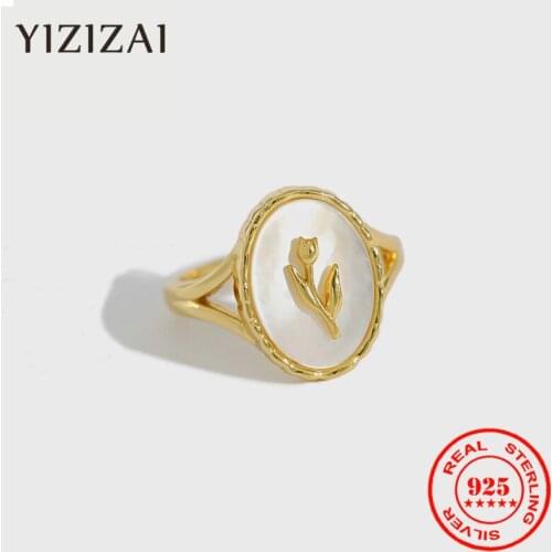 YIZIZAI 100% 925 Sterling Silver Ring Ins Temperament Women Tulip Flower Geometric Oval Shell Ring Female Open Ring