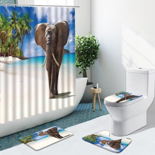 Seaside Elephant Beach Bathroom Set Shower Curtain Creative Wild Animals Non-Slip Rugs Flannel Toilet Carpet Cover With Hooks