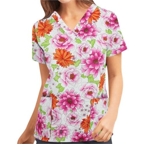 Butterfly Floral Print Nurse Uniform Women Short Sleeve V-Neck Working Scrub Tops For Hospital Workers Protective Clothes A40