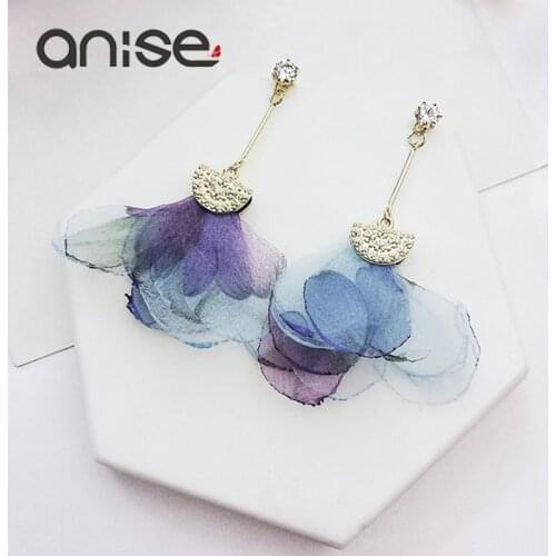 Anise Sexy Chiffon Multilayer Flower Tassel Earrings Woman Exquisite Crystal Bohemia Long Stud Earrings Wedding Jewelry Brincos