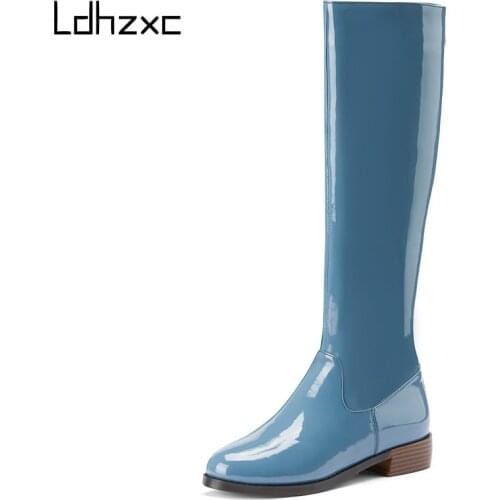 LDHZXC Women Fashion Solid Genuine Leather Knee High Boots Night Club Shoes Woman Square Heels Female Silm Long Riding Boots