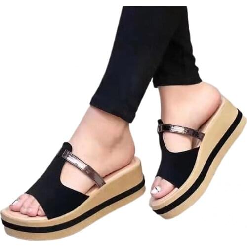 Skin-friendly Unique T-strap Platform Women Slippers Faux Leather Sandals Open Toe Walking Shoes