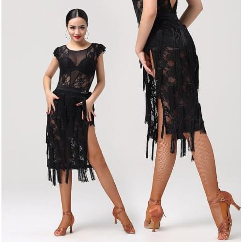 Women Latin Dance Tops+Skirt Sexy Mesh Lace Fringe Hip Scarf Samba Salsa Training Performance Adult Latin Dance Costume VDB3255