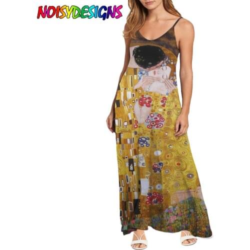 NOISYDESIGNS Womens Casual Suspender Dress 2021 New Fashion Gustav Klimt The Kiss Printed V Neck Backless Long Dresses Custom
