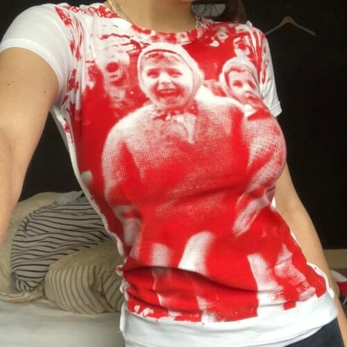 2021 New Women T-shirt Summer Ladies Short Sleeve Crop Round Neck Slim Fit Tops Portrait Print Casual Club Punk Shirts Female