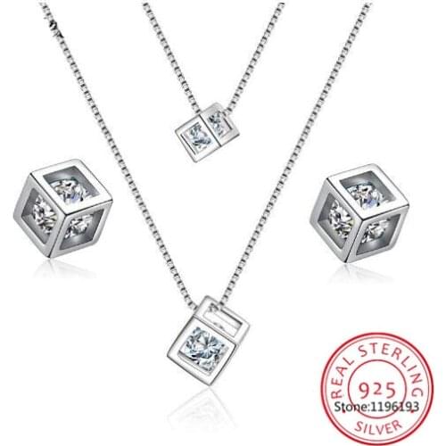 925 Sterling Silver Zirconia Cube Box Earrings Geometric Choker Necklaces Jewelry Sets for Women Statement Pendientes Brincos