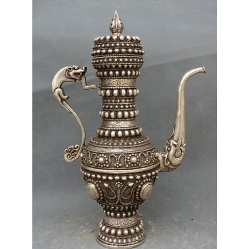Free shipping S2173 14" Chinese Dynasty Silver Dragon Beast handle Bead pearl Wine Tea Pot Flagon