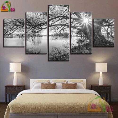 Black And White Landscape 5D Diy Diamond Painting 5 Panel Big Tree Lake Full Drill Mosaic Diamond Embroidery Sale Rhinestones