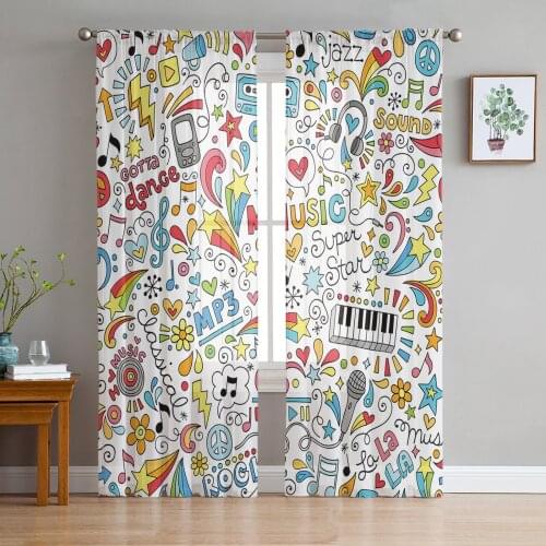 Color Music Doodling Window Curtains Bedroom Modern Drape Sheer Tulle Valances Living Room Kitchen Voile Curtain