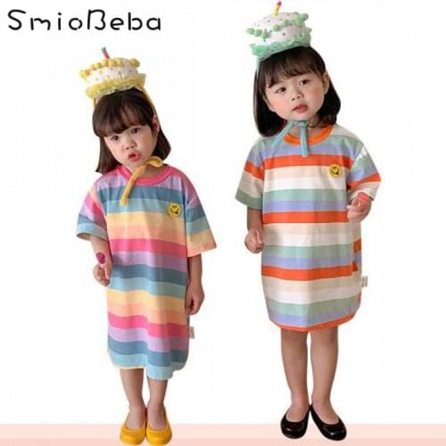 Children Korea Dress Rainbow Stripe Girls Cartoon Smiling Face Embroidered Mid Length Baby Skirt Japan Cotton Sport Cotton Dress
