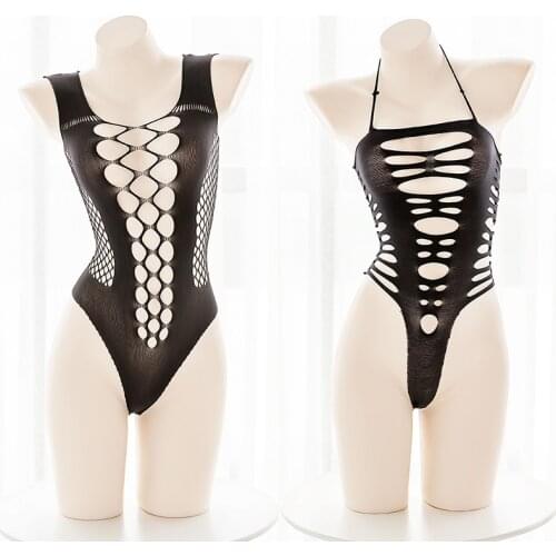 Women Sexy Perspective Hollow Out Mesh Pajamas Sling Bondage Black Sleepwear Lingerie Stockings Fishnet Sling Jumpsuit Cosplay
