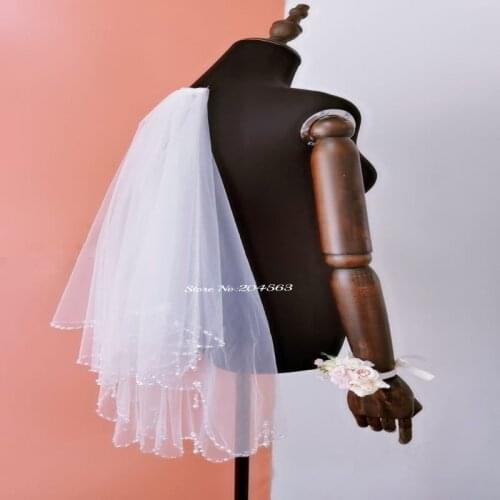 Two-Layer White or Ivory Beaded Wedding Veil Tulle Fingertip Veil for Bride with Comb Bridal Accessories