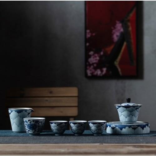 Fugui Peony Blue and White Porcelain Tea Set Chinese Retro Teapot Gaiwan Set Home Porcelain Kung Fu Tea Set Chinese Tea Set
