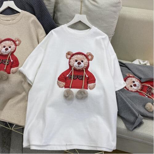 Harajuku Fur Ball with Rope Tshirt Women Cotton Short Sleeve O-Neck Shirts Kawaii Cute Bear Letter Beaded Tee Graphic T Shirts