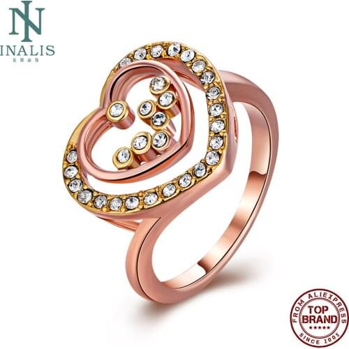 INALIS Finger Rings For Women Rose Gold Color Heart To Heart Inlay Dots Crystal Ring Prom Fashion Jewelry Gift Send Girlfriend
