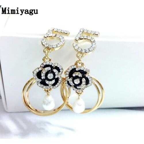 Mimiyagu crystal flower circle pearl tassel earring for women letter five drop style earring