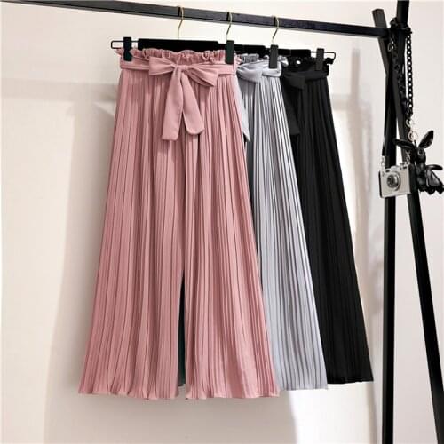 DASSWEI Fashion Chiffon Wide Leg Pants Women 2020 Summer Pleated Pants Female High Waist Loose Pants Bow Bandage Casual Trousers