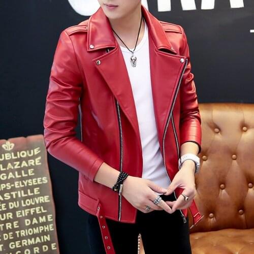2021 Mens Non-Mainstream Slim-Fit Oblique Zipper Leather Short Multi-Zipper and Lapel Leather Jacket for Teenagers