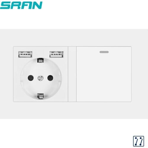 SRAN EU socket with rocker switch,220v 16A wall power socket with usb 146mm*86mm white pc panel with light switch 1gang 3way