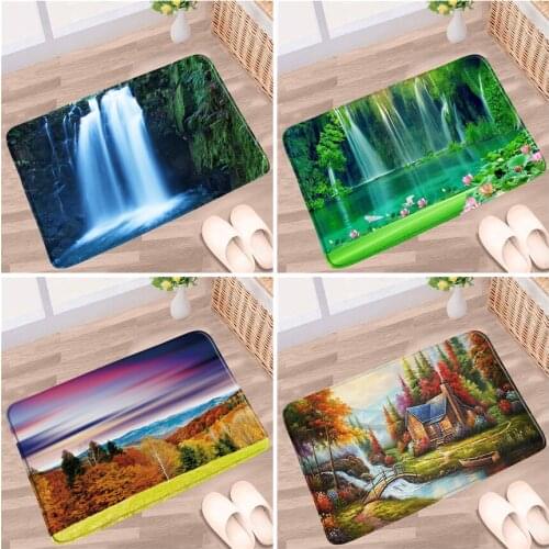 Natural Scenery Waterfall Bathroom Mat Green Plant Autumn Forest Farmhouse Non-slip Carpet Flannel Home Bathroom Kitchen Bedroom