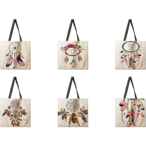 Dreamcatcher series linen fabric casual tote bag foldable shopping bag reusable beach bag ladies shoulder bag
