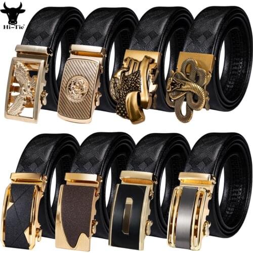 Luxury Gold Automatic Buckles Mens Belts Black Genuine Cowskin Leather Ratchet Waistband for Men Dress Jeans Formal Casual Gift