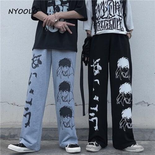 NYOOLO Harajuku Anime characters Japanese pattern hip hop wide leg pants women men casual streetwear elastic waist jogger pants