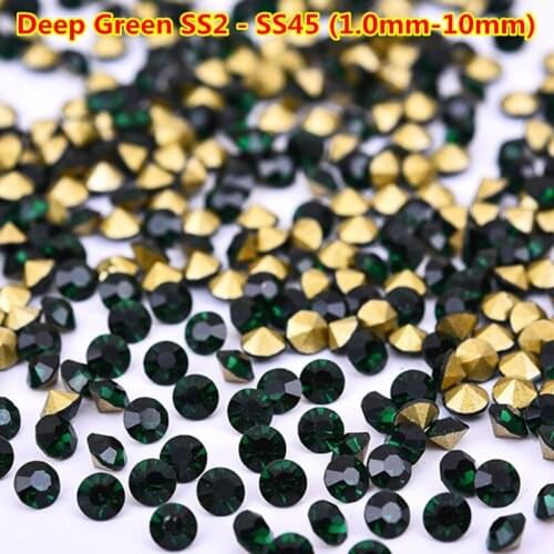 Ss2-ss50 1.0mm-10mm Deep Green Glass Rhinestone Point Back Nail Strass Alloy Stone 3 d Nail Crystal Decoration Nails Supplies
