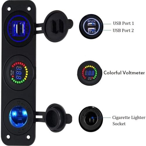 3 Hole LED Digital Voltmeter Panel 12V/24V Dual USB Charger 3.1A Socket 3 Hole Switch Panel for Marine Car Boat Truck