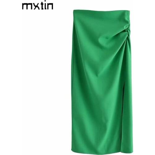 MXTIN 2021 Women Summer Fashion Solid Zipper High Waist Midi Skirt Vintage Pleated Split Streetwear Gril Skirts Casual Vestidos