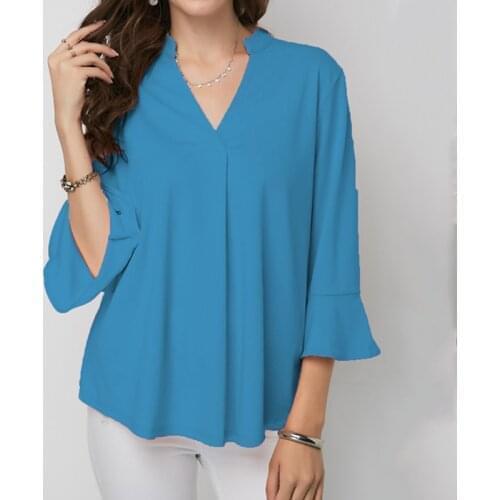 Summer Korean Fashion White Shirt V-Neck Ruffles 3/4 Sleeve Casual Chiffon Blouse Women Clothes Streetwear Shirt Ladies Tops