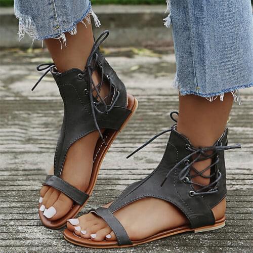 2021Women Gladiator Lace-up Summer Fashion Sandals Female New Solid Style Casual Flat Ladies Outside Sewing Shoes Plus Size