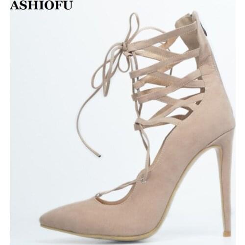 ASHIOFU Handmade Ladies High Heel Pumps Kid-suede Cross-straps Party Prom Dress Shoes Daily Wear Casual Evening Fashion Shoes
