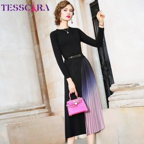 TESSCARA Women Autumn Winter Elegant Sweater Dress Female Designer Cocktail Pleated Vestidos High Quality Long Office Party Robe