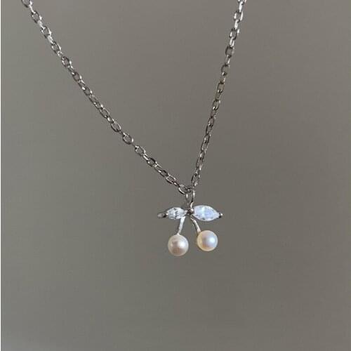 925 Sterling Silver Zircon Pearl Cherry Charm Pendent Necklace For Women Jewelry Choker Collar dz870