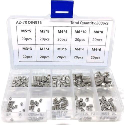 200pcs Hex Grub Screws Kit Set Screws 304 Stainless Steel M3/M4/M5/M6/M8 Grub Screw Assortment Packed in Organizer Box