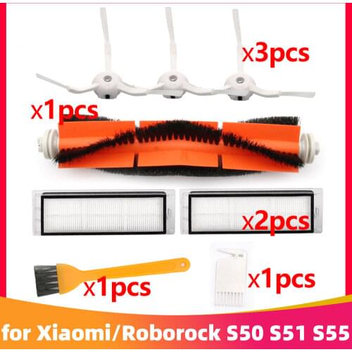 3pcs 3 Arms Side brushes+2pcs Washable Hepa Filter+1pcs Main Brush for Xiaomi/Roborock S50 S51 S55 Robot Vacuum Cleaner Parts
