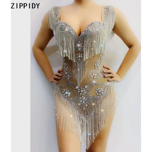 Sparkly Silver Rhinestone Fringe Transparent Bodysuit Women Dancer Show Celebrate Outfit Prom Bar Birthday Outfit
