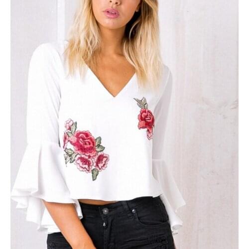 Backless blouse V neck embroidery blouse shirt Ruffle short white Flare Sleeve blouse chemise femme Casual summer tops blusas