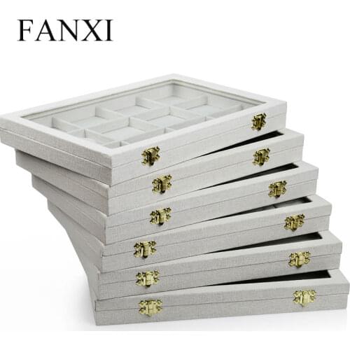 FANXI Free Shipping MDF Wrapped with Beige Linen Jewellery Case with Transparent Glass Lid Jute Jewelry Display Case Rings Tray
