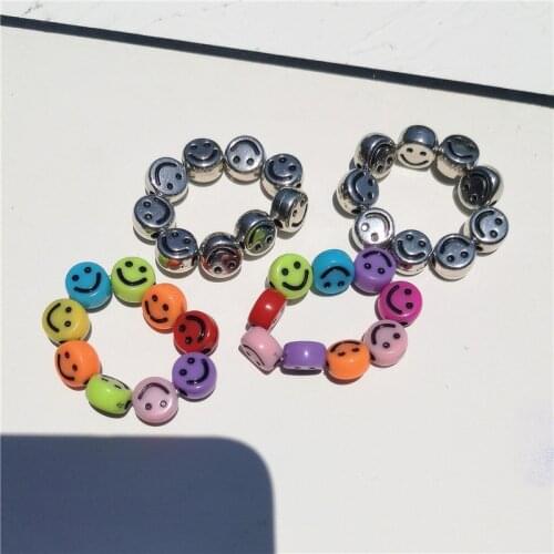 Harajuku Handmade Vintage Rainbow Beads Smiley Elastic Rope Rings For Women Egirl Friends Charms 90s Aesthetic Y2K Jewelry Gift