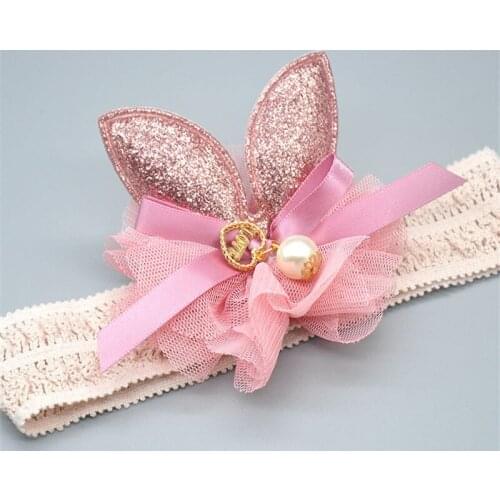 Cute Pink rabbit ears yarn plate baby flower hair band baby princess headband childrens hair accessories