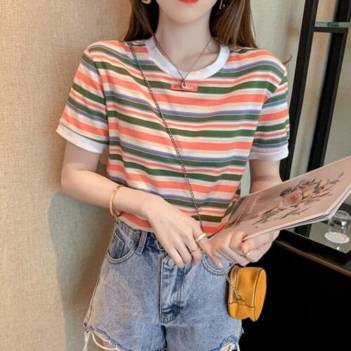 Fashion Rainbow Stripes T-Shirt Women 2021 New Summer Short Sleeve Woman Clothes Cotton Casual Tshirt Female Tee Shirt Femme
